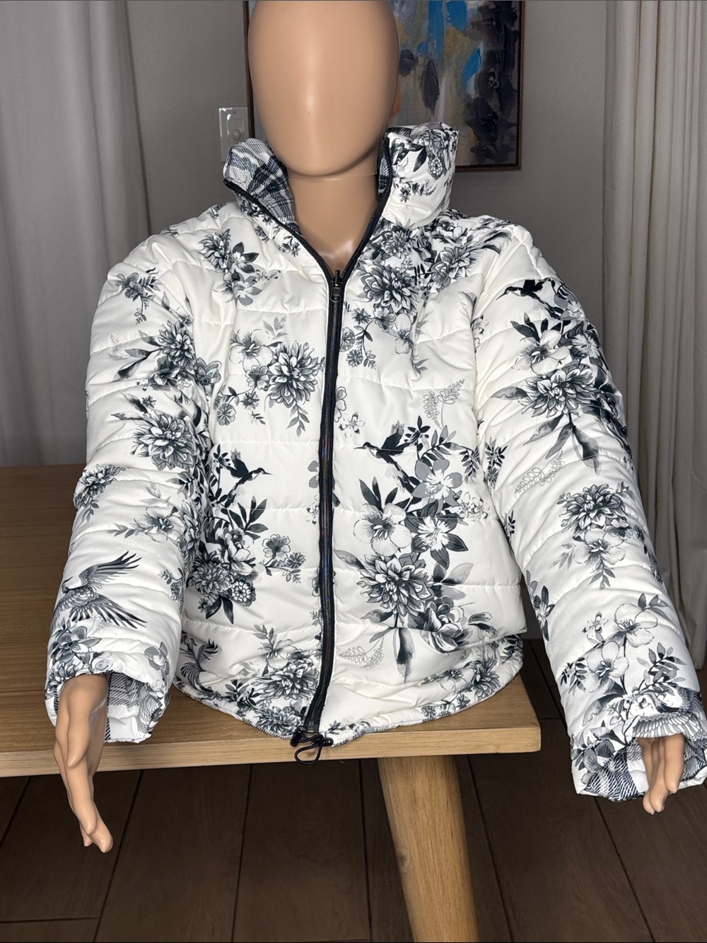 NWT Johnny Was Ivory Dreamer Reversible Puffer Jacket Floral Plaid S $425